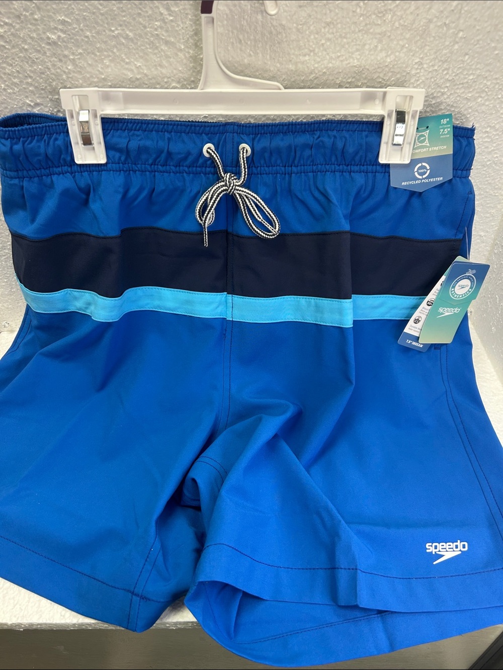 Speedo Men’s Blue Colorblock Swim Trunks with Navy & Light Blue Stripe